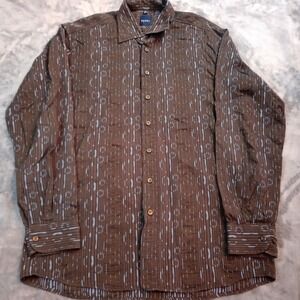 Haupt Germany Shirt Button Up Mens Sz Medium Brown Blue All Over Print Geometric